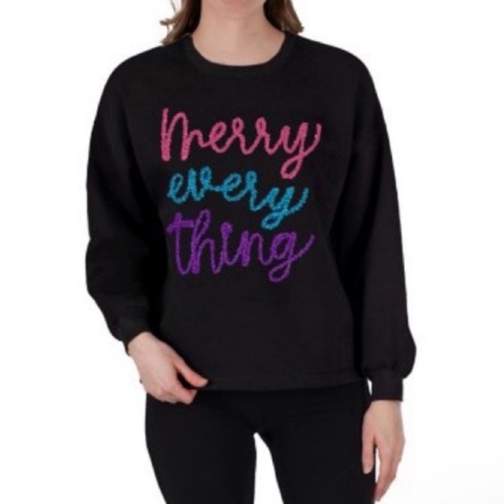New Merry Every Thing Black Sparkle Sweatshirt By State Of Mine, M